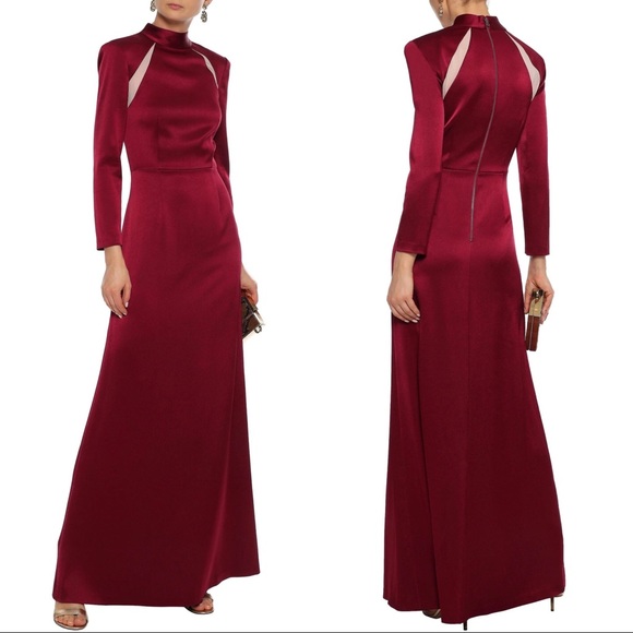ALICE + OLIVIA Charita Satin Mesh Mock Neck Long Sleeve Gown in Bordeaux Red - Picture 1 of 7